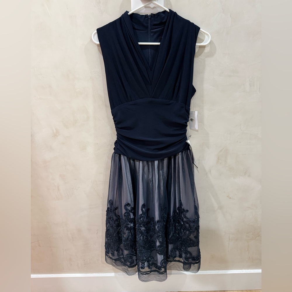 SLNY Navy Draped Party Dress Size 8 New With tags.